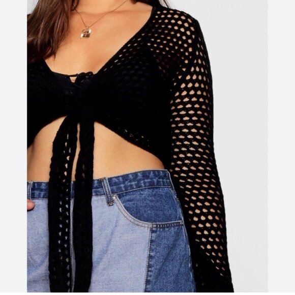 Hearts of Palm Top L Black Crochet Tie Front 3/4 Sleeves Beach Cover Up - Picture 1 of 8